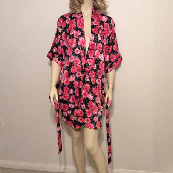 Floral Pink & Red Kimono robe with tie Satiny Short 35" length NWOT OS - Picture 5 of 7
